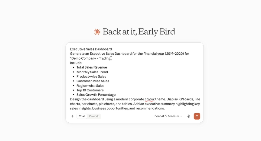 Claude AI Sales Dashboard for Tally - Example Prompt Executive Sales Dashboard