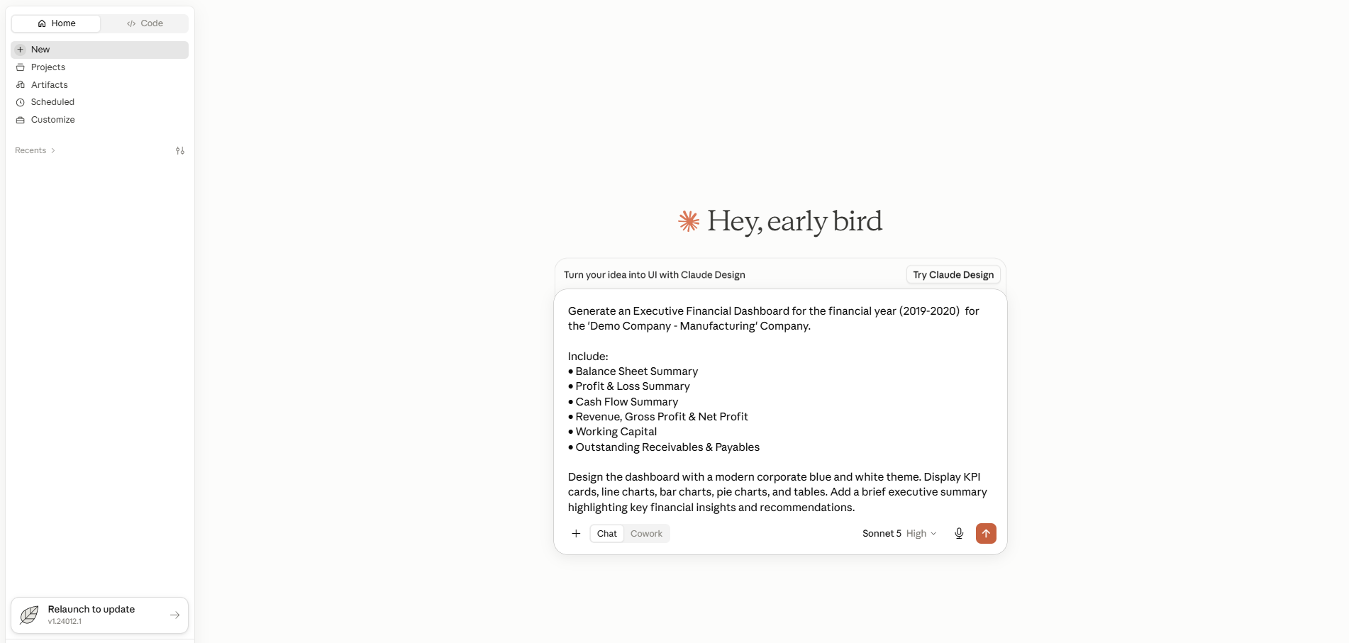 Prompt in Claude AI to generate a financial dashboard